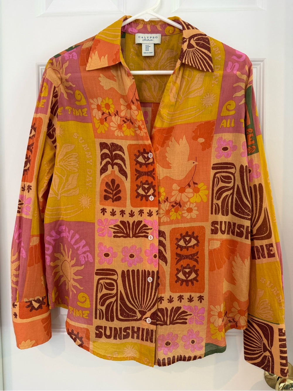 CALYPSO Multi-Color Boho-Art Print Button Down Cotton Shirt Size M